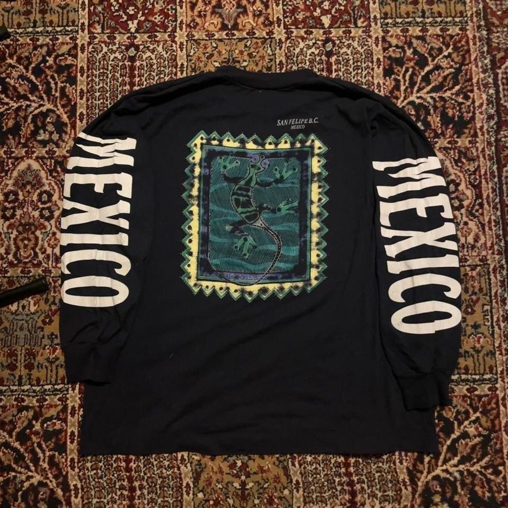 VTG 90s San Felipe BC Mexico‎ stamp lizard sleeve spell out tshirt black XL